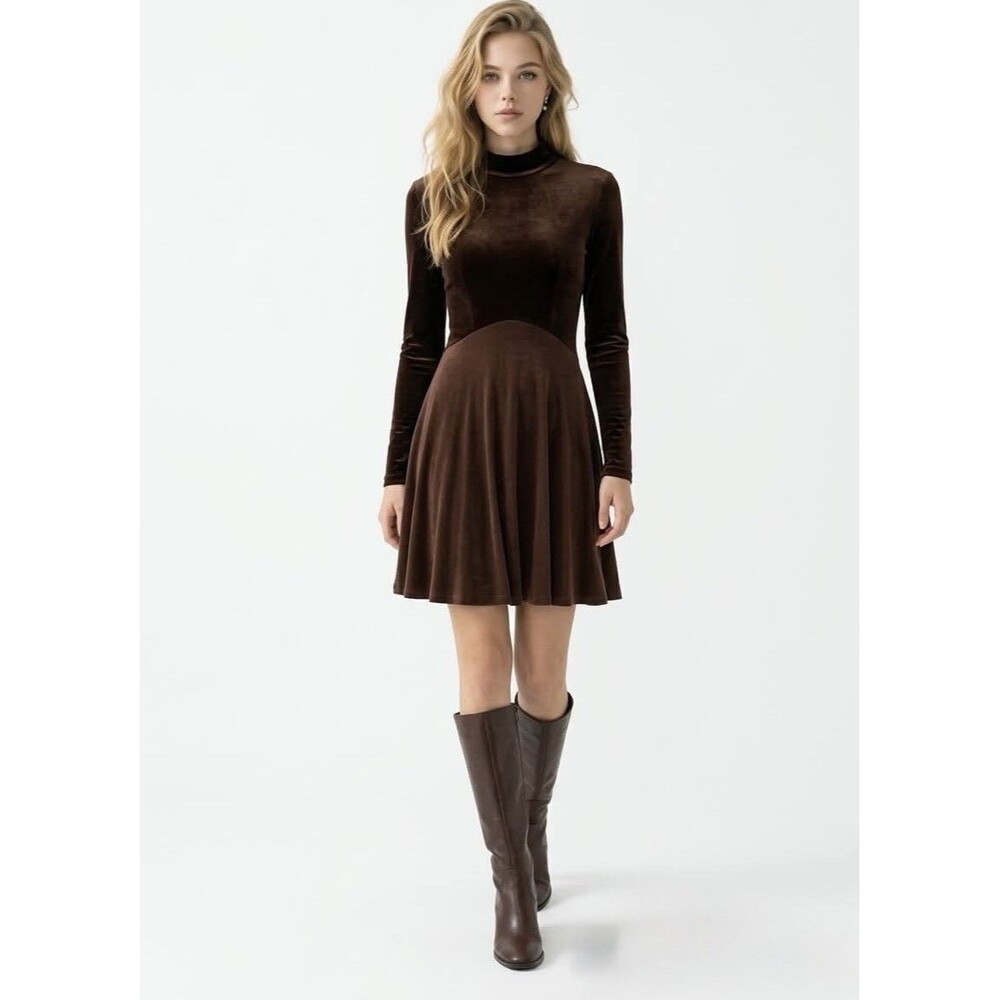 Alexia Admor Velvet Brown Mock Neck A-Line Mini Dress Long Sleeve Size Small